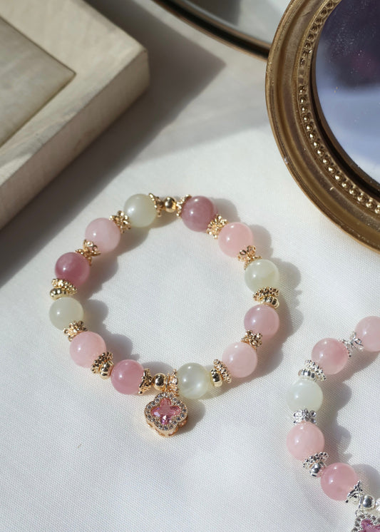 *Backorder* Cordelia Twin - Lavender Rose Quartz, Rose Quartz & White Flash Moonstone with Sparkly Pink Clover Crystal Bracelet (Elastic)