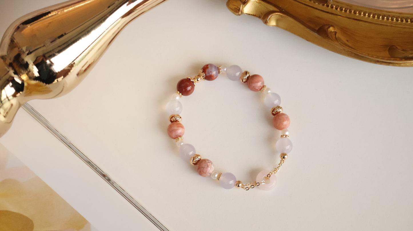 *Instocks* Flower Agate & Lilac Chalcedony with Rose Quartz Ping An Kou 平安扣 Crystal Bracelet (Elastic)
