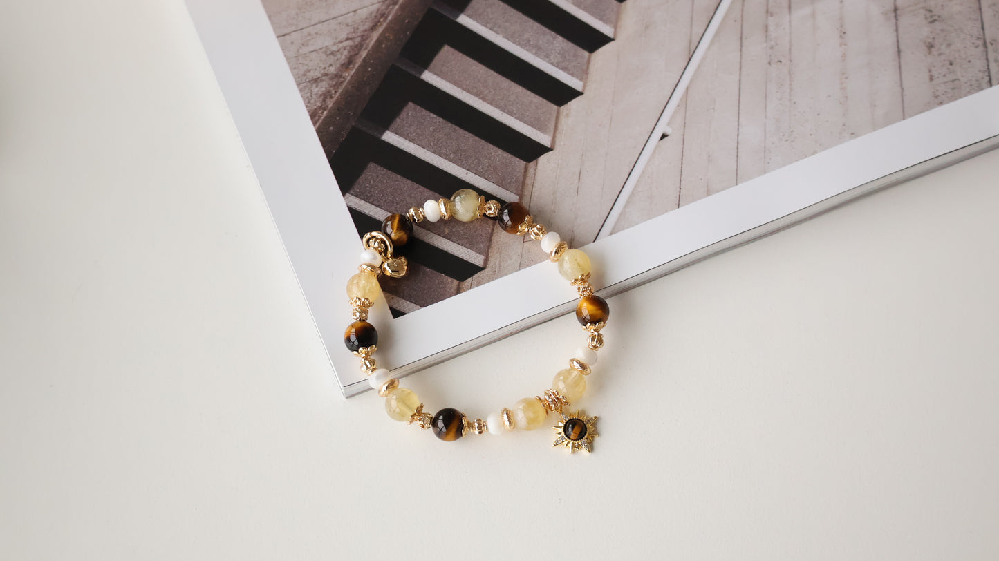 *Backorder* Eye of the Tiger - Azeztulite Citrine, Tiger's Eye & White Conch Rondelles Crystal Bracelet (Elastic)