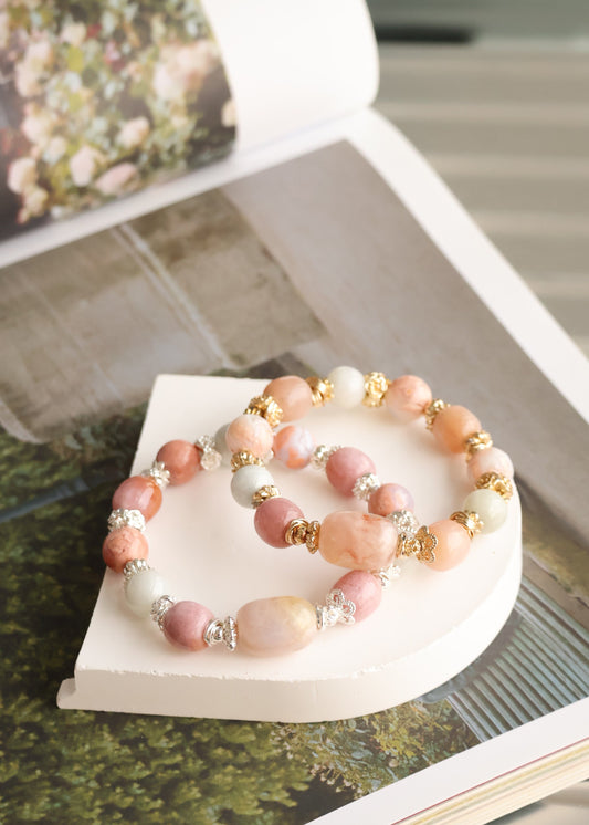 *Instocks* OG Slushie - Flower Agate Barrel Freeform, Light Green Jadeite, Flower Agate & Drum Pastel Yan Yuan Agate Crystal Bracelet (Elastic)