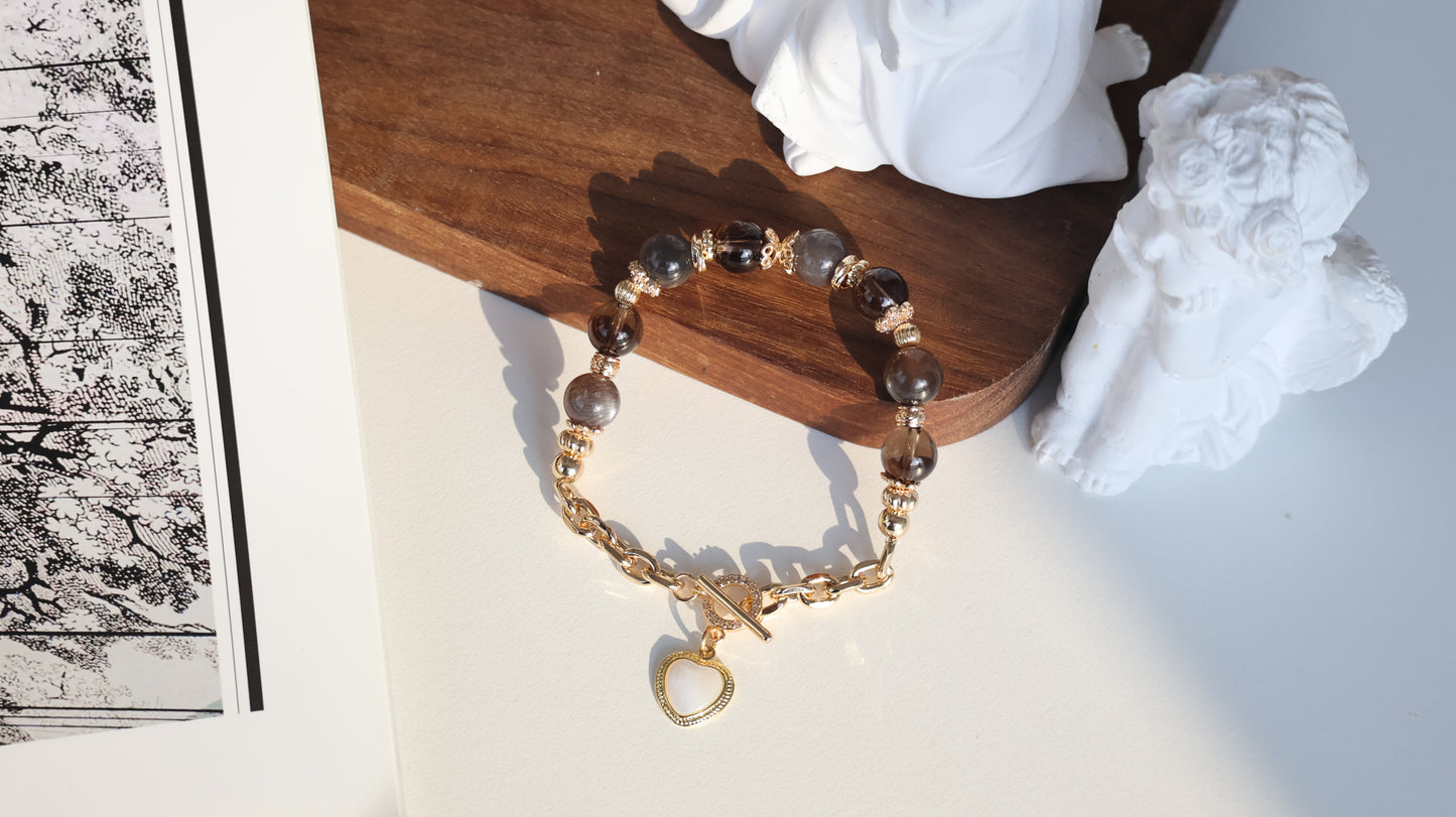 *Instocks* Smoky Quartz and Black Gold Skeletal Sunstone with Chain & OT Clasp with MOP Heart Crystal Bracelet (Elastic)