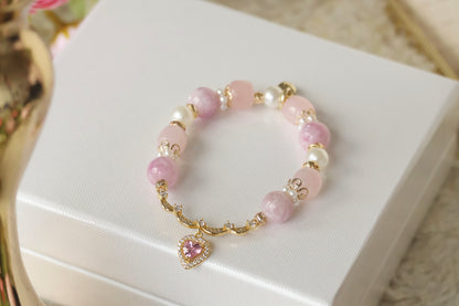 *Instocks* Pink Purple Emerald Mica & Rose Quartz Drum Beads with Princessy Pink Heart Bangle Crystal Bracelet (Elastic)