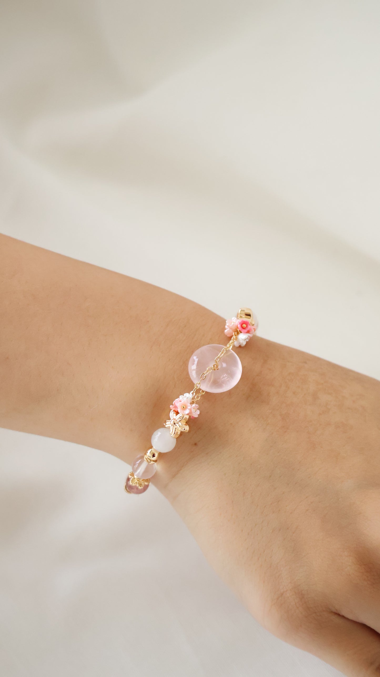 *Backorder* Rose Quartz Ping An Kou 平安扣  - Strawberry Quartz, Rose Quartz & Moonstone with Double Bouquet Crystal Bracelet (Elastic)