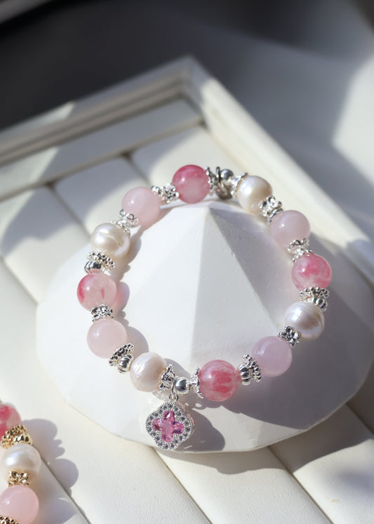*Backorder* Cordelia Twin - Sakura Rhodonite, Rose Quartz & Freshwater Pearl with Sparkly Pink Clover Crystal Bracelet (Elastic)