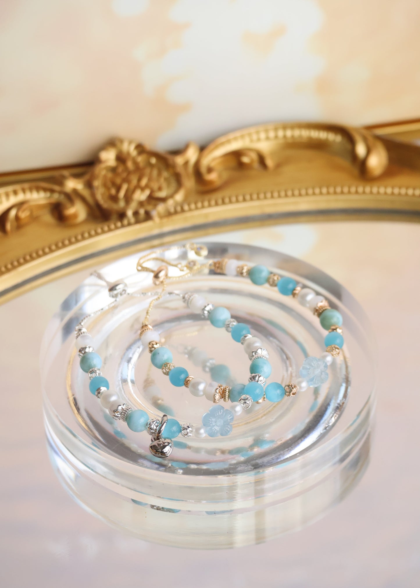 *Instocks* Larimar, Blue Cat Eye & White Conch Rondelles with Aquamarine Sakura Flower Crystal Bracelet (Push pull)