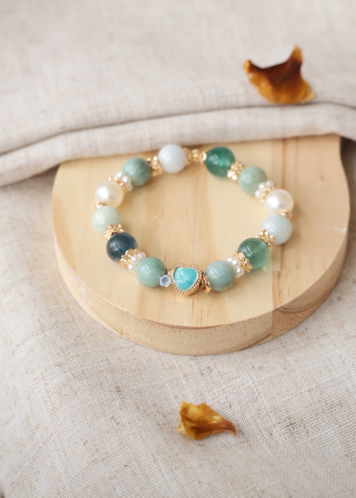 *Instocks* Amazonite, Green Jadeite & Rainbow Tourmaline with Blue Heart Crystal Bracelet (Elastic)