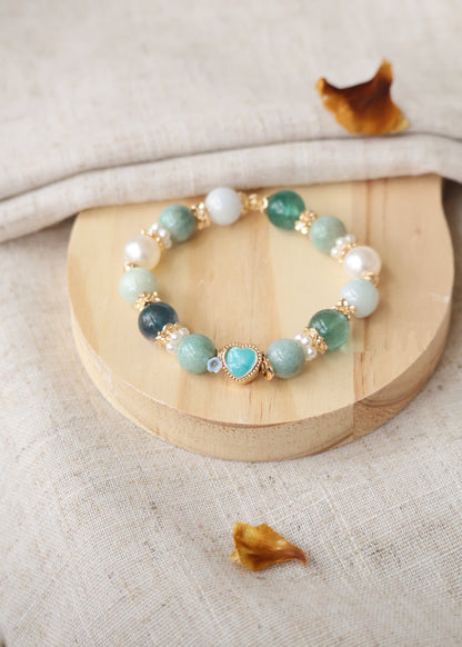 *Instocks* Amazonite, Green Jadeite & Rainbow Tourmaline with Blue Heart Crystal Bracelet (Elastic)
