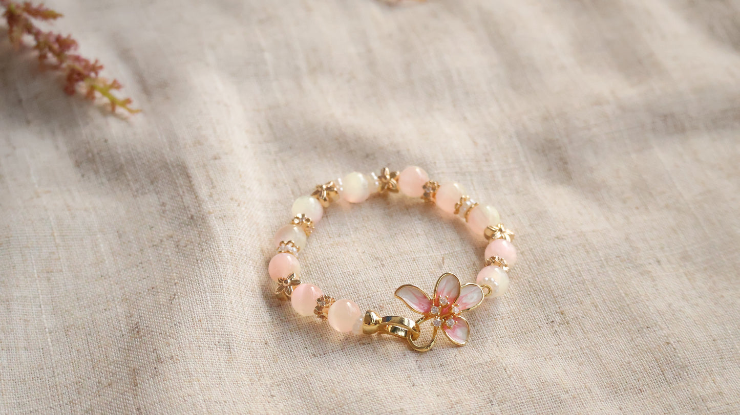 *Instocks* Yellow-pink Satin Spar with Flower Clasp Crystal Bracelet (Elastic)