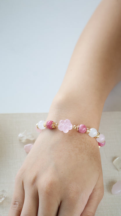 *Backorder* Sakura Flower - Sakura Rhodonite, White Phantom Quartz, Rose Quartz & Pink Chalcedony Half Bangle Crystal Bracelet (Elastic)