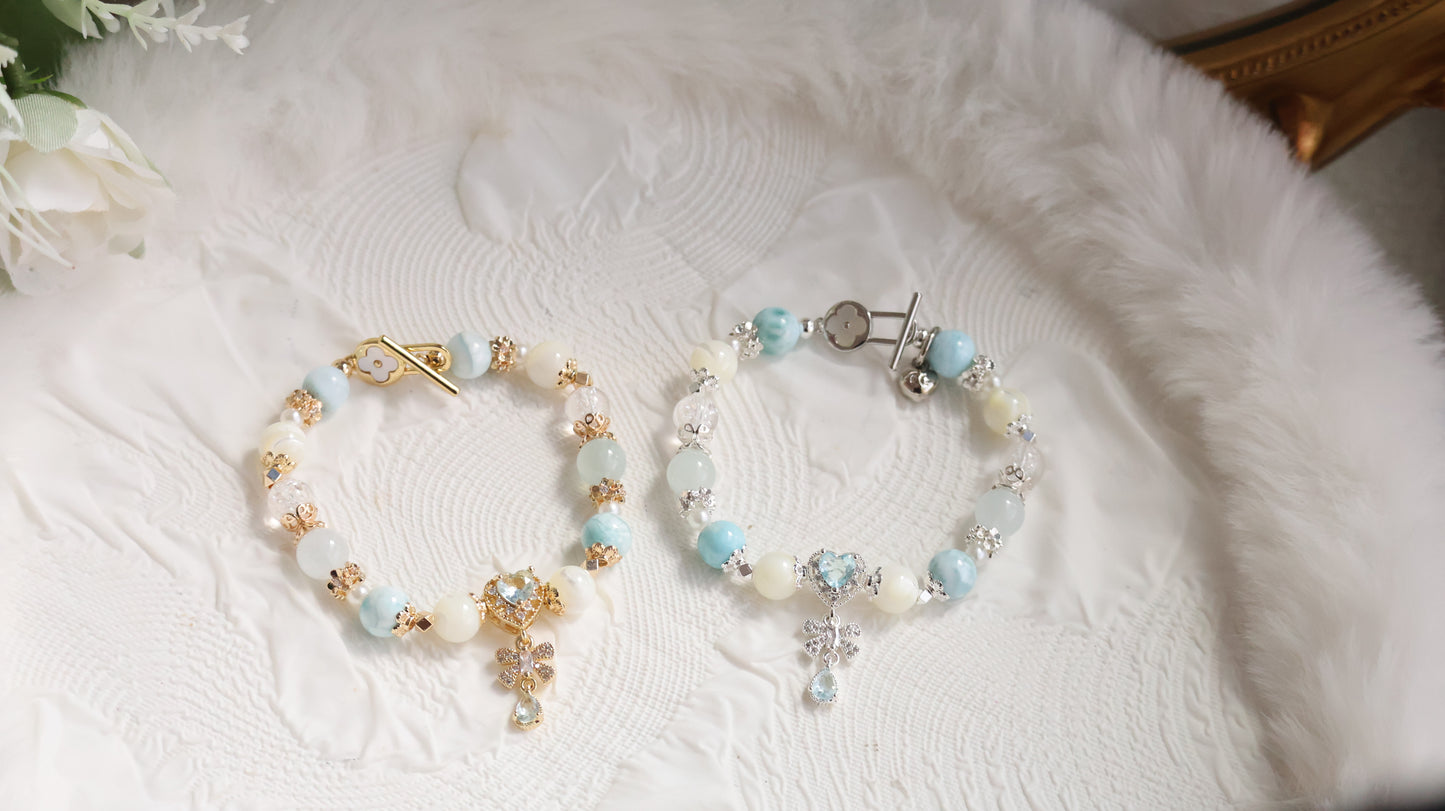 *Instocks* Larimar, White Conch & Aquamarine with Blue Heart & Clover OT Clasp Crystal Bracelet (Elastic)