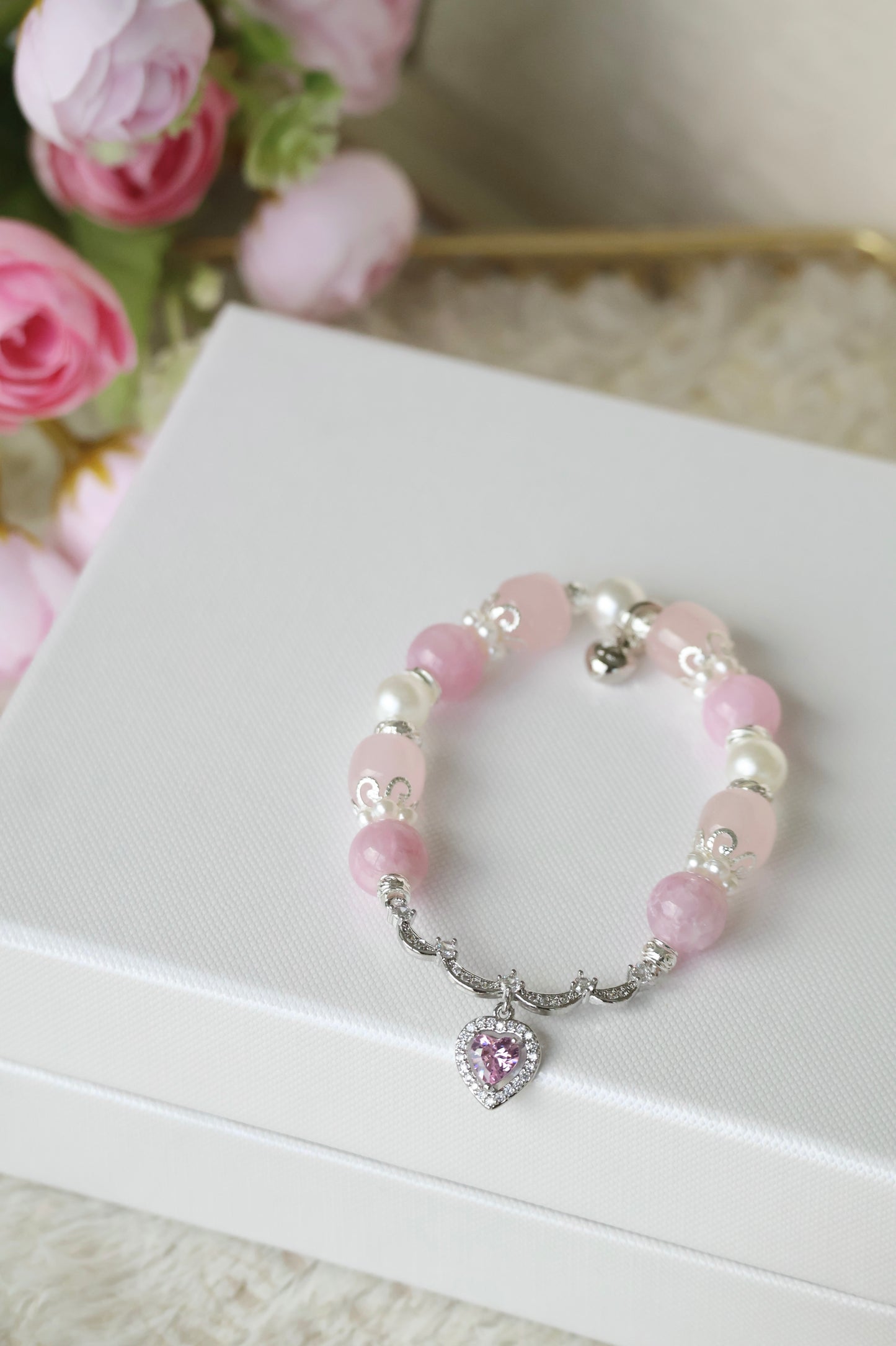 *Instocks* Pink Purple Emerald Mica & Rose Quartz Drum Beads with Princessy Pink Heart Bangle Crystal Bracelet (Elastic)