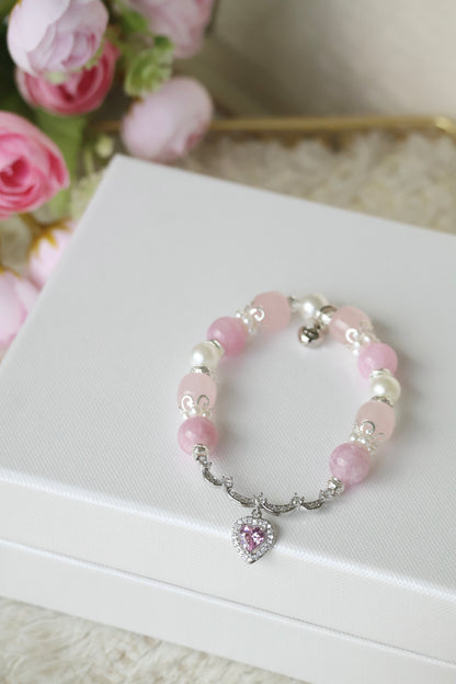 *Instocks* Pink Purple Emerald Mica & Rose Quartz Drum Beads with Princessy Pink Heart Bangle Crystal Bracelet (Elastic)