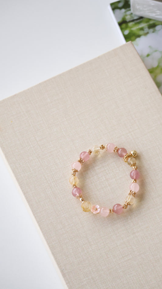 *Backorder* Rosie - Strawberry Quartz, Rose Quartz & Citrine with Citrine Rose Crystal Bracelet (Elastic)