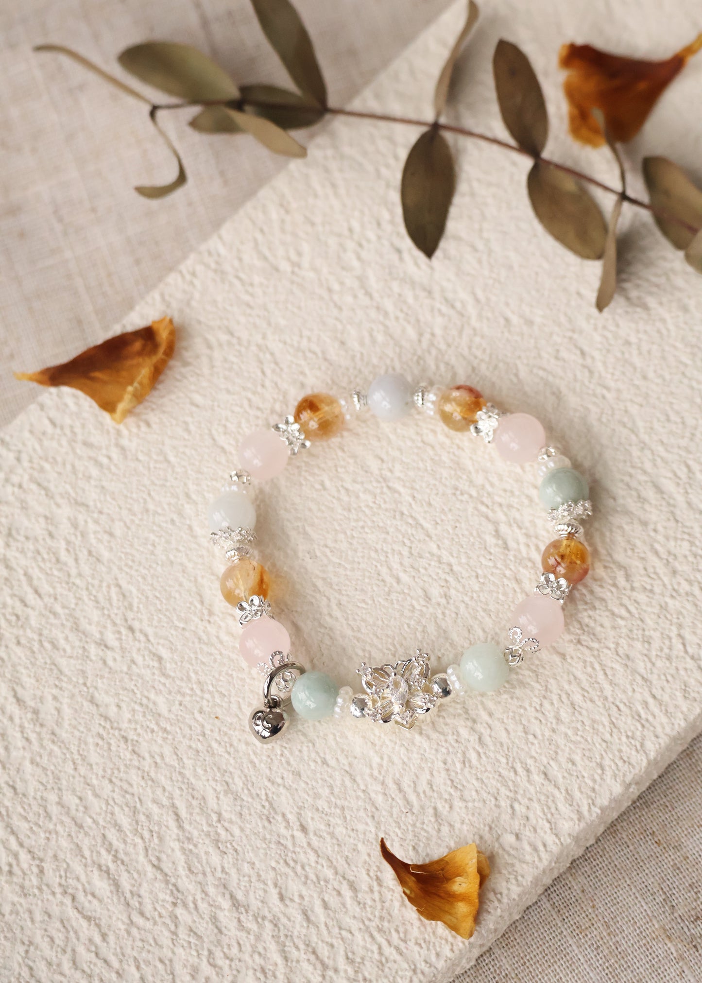 *Instocks* Azeztulite Citrine, Green Jadeite & Rose Quartz with Butterfly Charm Crystal Bracelet (Elastic)