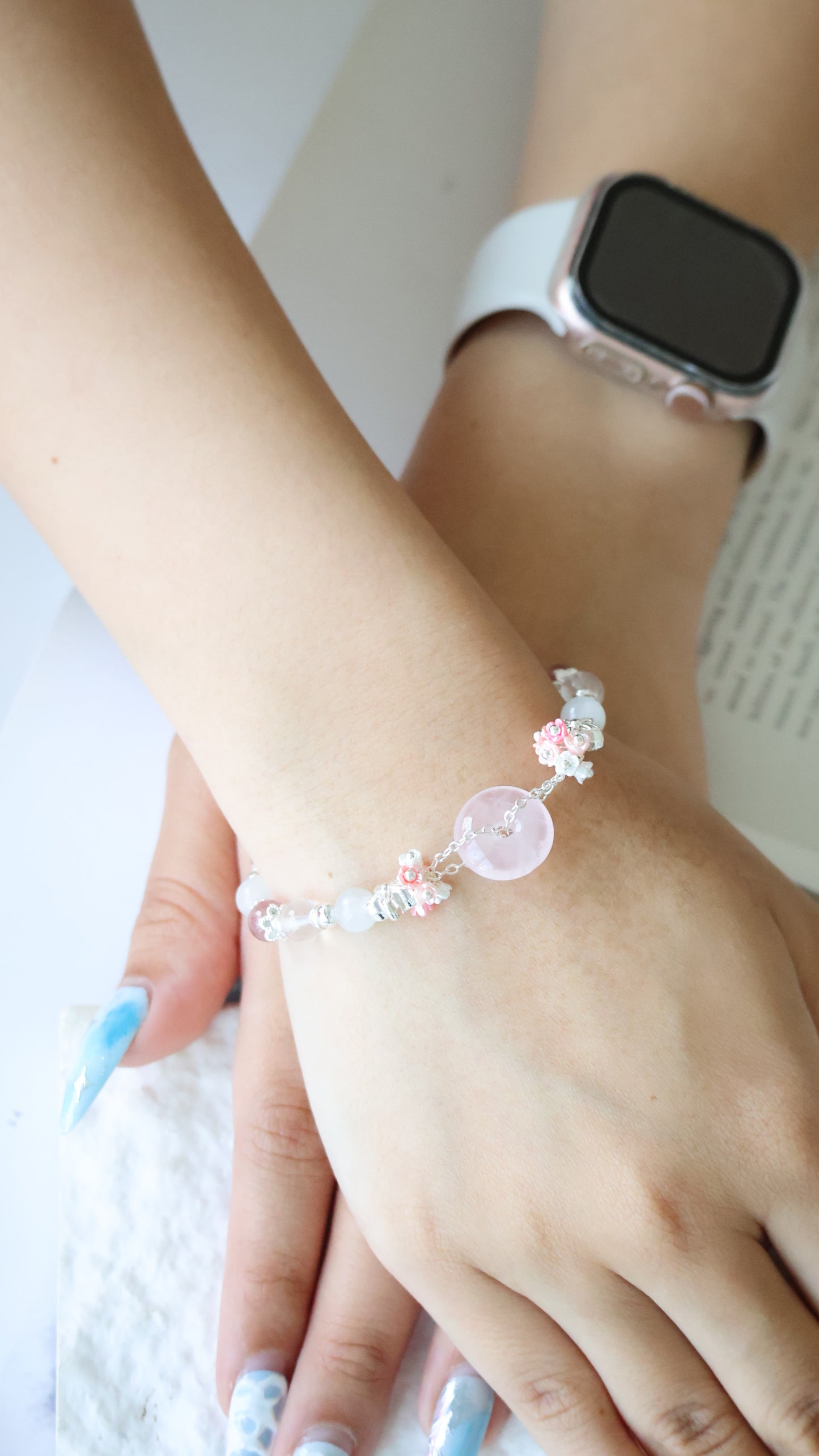 *Backorder* Rose Quartz Ping An Kou 平安扣  - Strawberry Quartz, Rose Quartz & Moonstone with Double Bouquet Crystal Bracelet (Elastic)