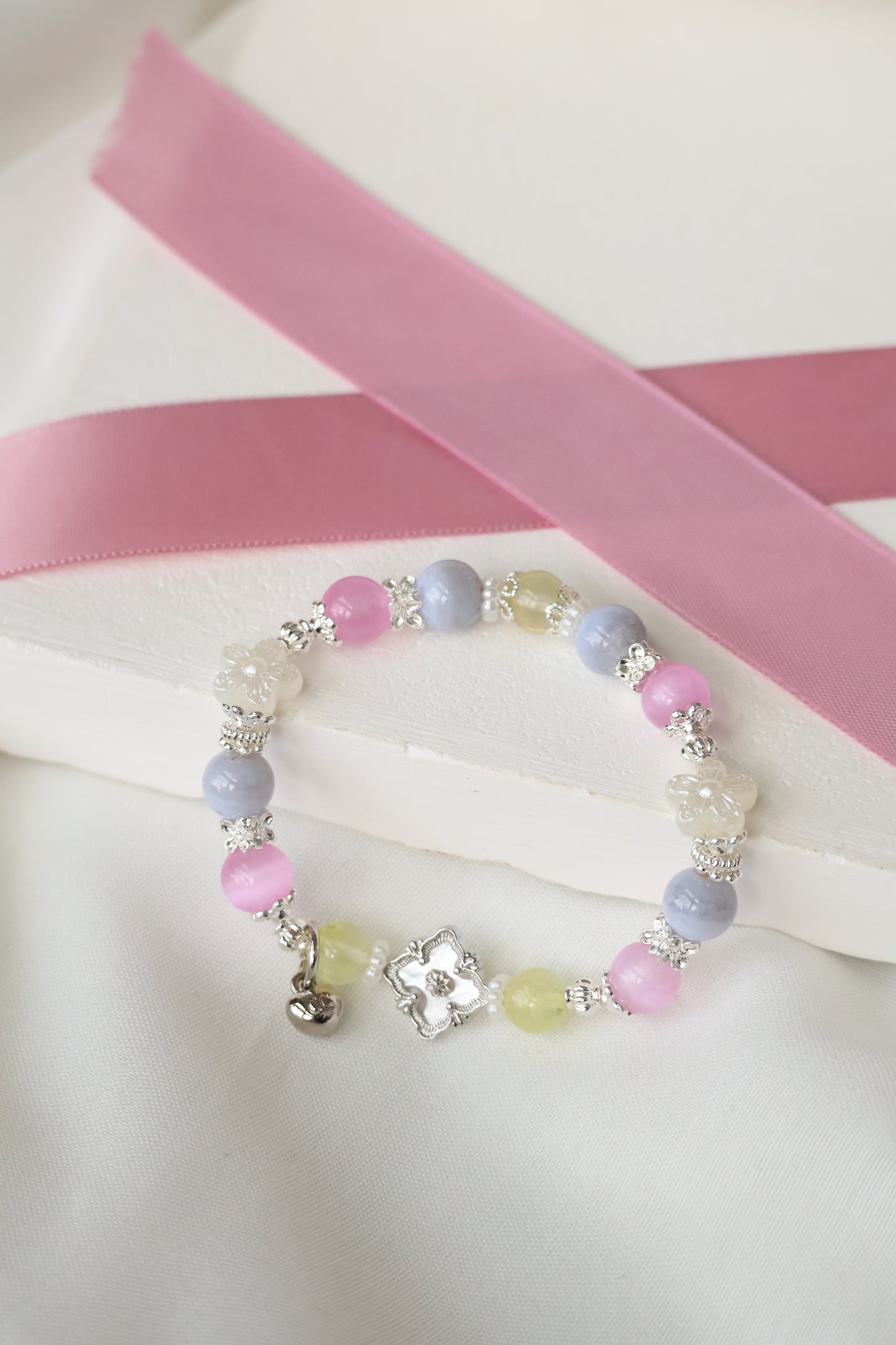 *Instocks* Prehnite, Pink Satin Spar & Blue Lace Agate with MOP Clover Crystal Bracelet (Elastic)