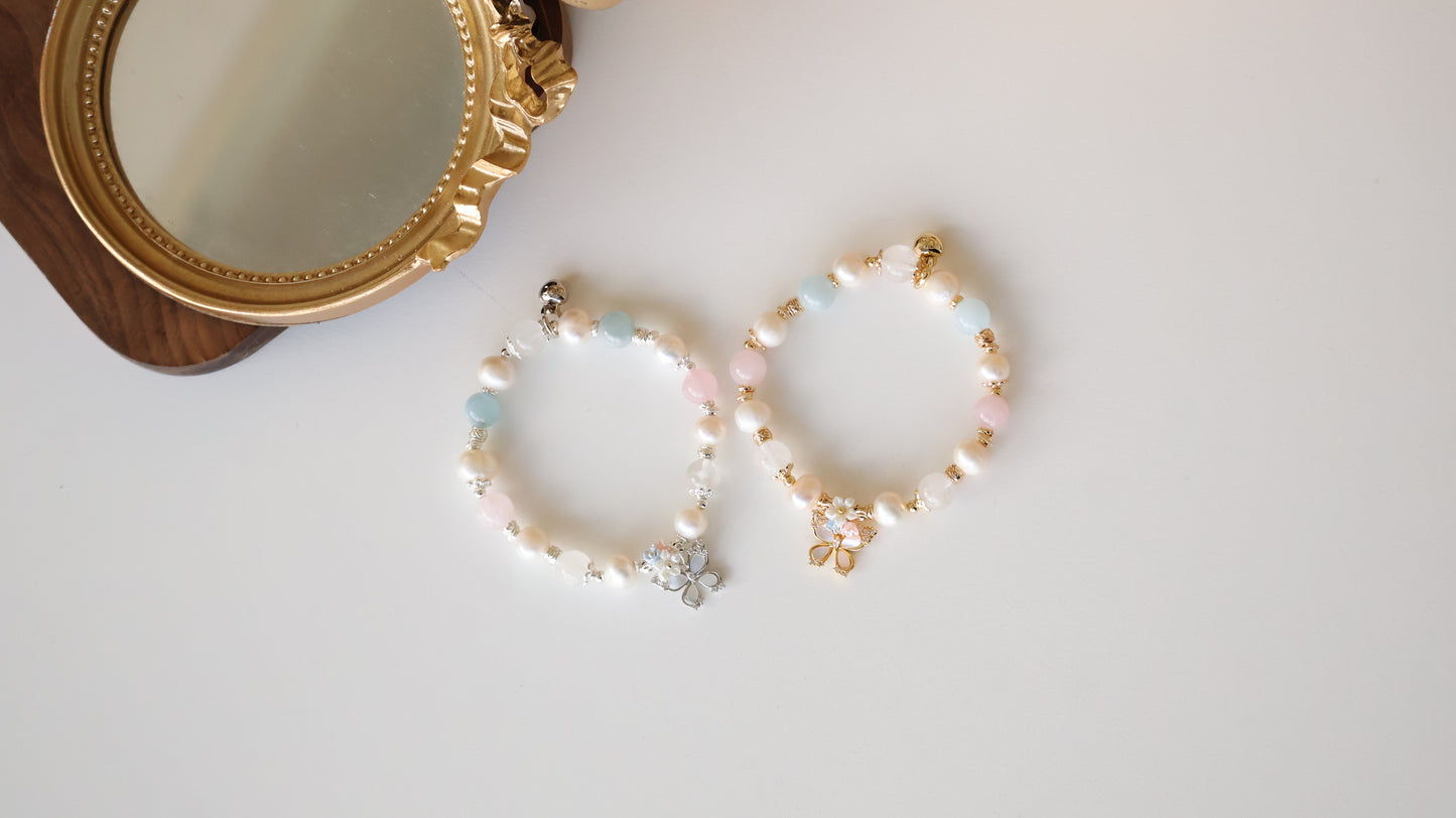 *Backorder* Pearlyn - Milky Aquamarine, Rose Quartz, White Phantom Quartz & Freshwater Pearls with MOP Butterfly Crystal Bracelet (Elastic)