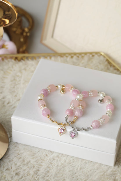 *Instocks* Pink Purple Emerald Mica & Rose Quartz Drum Beads with Princessy Pink Heart Bangle Crystal Bracelet (Elastic)