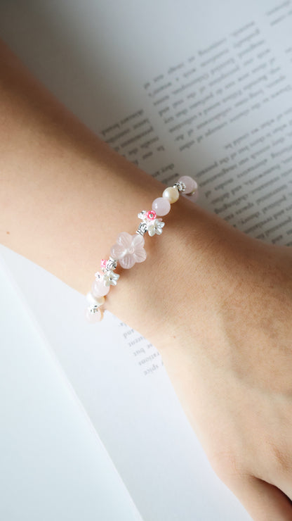 *Instocks* Sakura Flower - Rose Quartz & Freshwater Pearls with Double Bouquet Crystal Bracelet (Elastic)