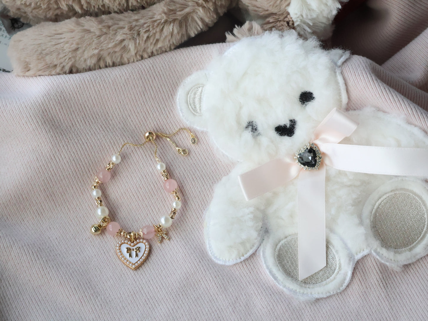 *Instocks* Cherie with Heart & Ribbon Crystal Bracelet (Elastic)