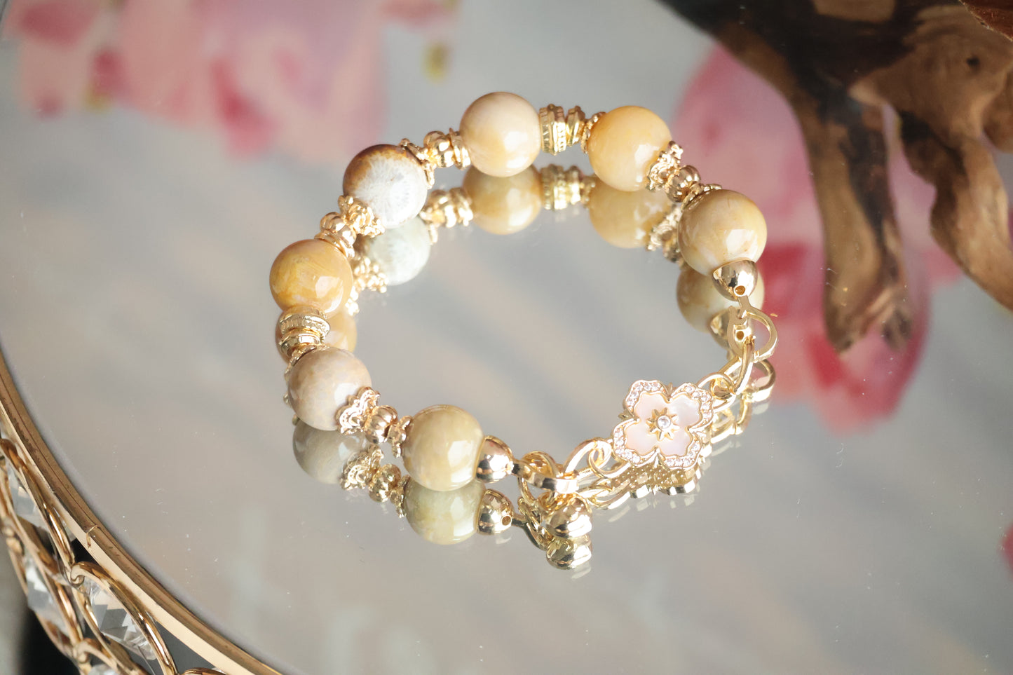 *Instocks* Fossilised Coral Jade with Clover Charm Crystal Bracelet (Elastic)