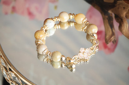 *Instocks* Fossilised Coral Jade with Clover Charm Crystal Bracelet (Elastic)
