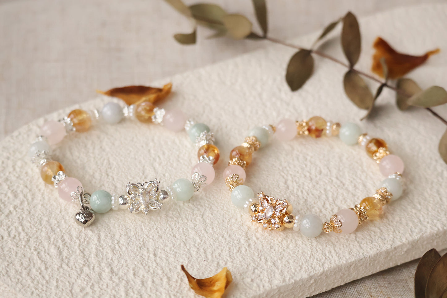 *Instocks* Azeztulite Citrine, Green Jadeite & Rose Quartz with Butterfly Charm Crystal Bracelet (Elastic)
