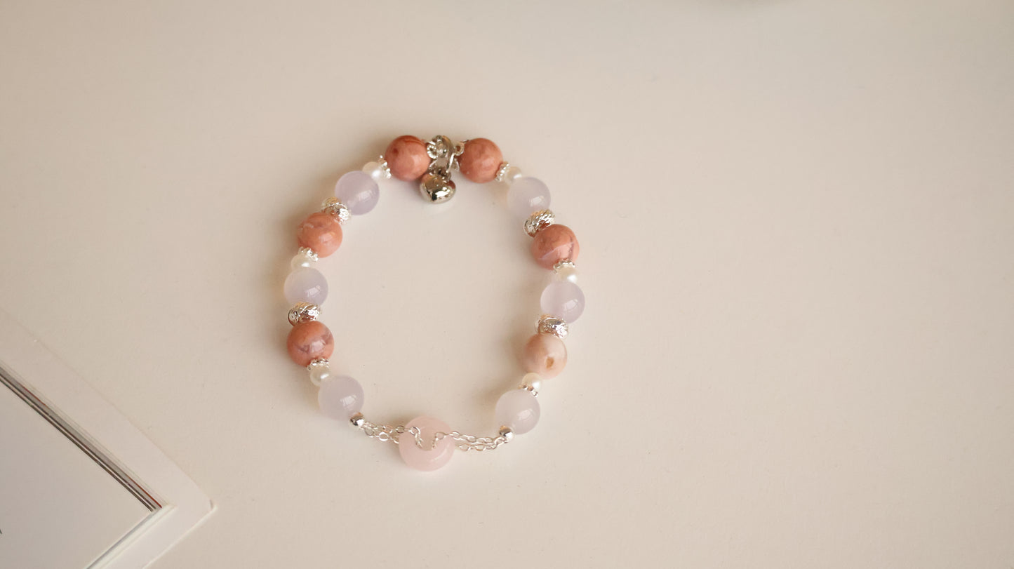 *Instocks* Flower Agate & Lilac Chalcedony with Rose Quartz Ping An Kou 平安扣 Crystal Bracelet (Elastic)