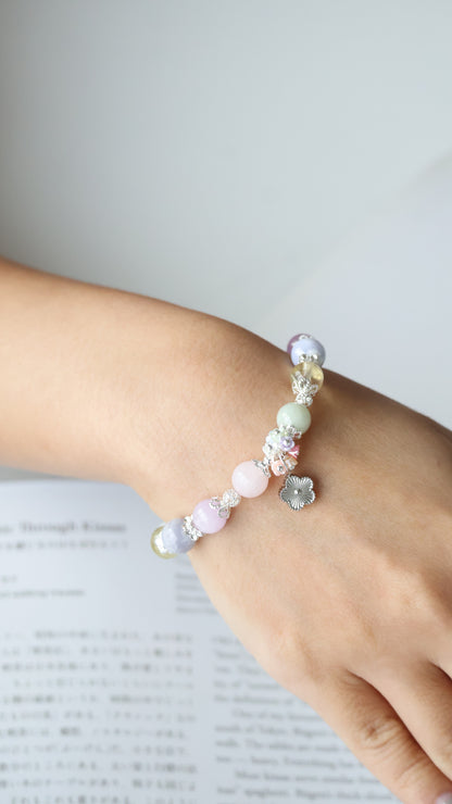 *Backorder* Duobao 多宝 Bouquet - Green Jadeite, Blue Lace Agate, Kunzite, Rose Quartz & Lemon Quartz with Laser Flower Crystal Bracelet (Elastic)