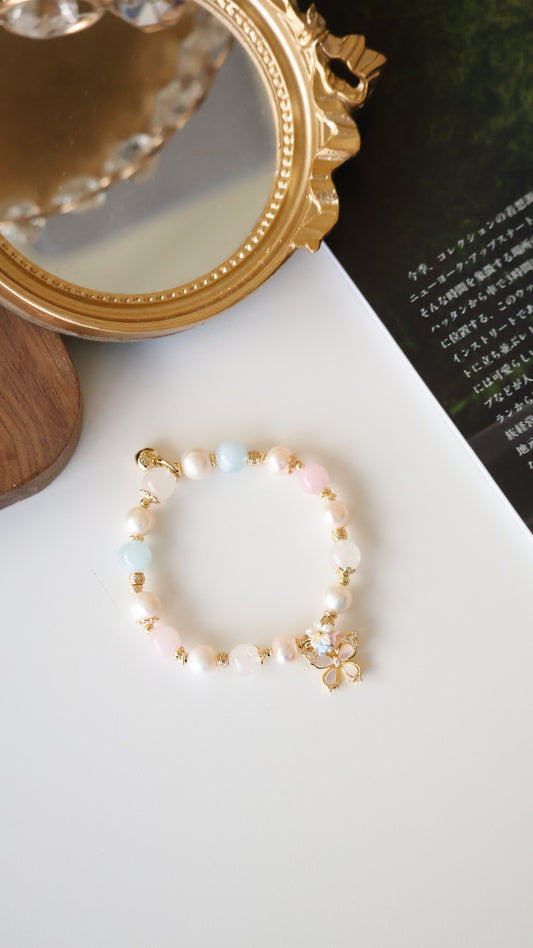 *Backorder* Pearlyn - Milky Aquamarine, Rose Quartz, White Phantom Quartz & Freshwater Pearls with MOP Butterfly Crystal Bracelet (Elastic)