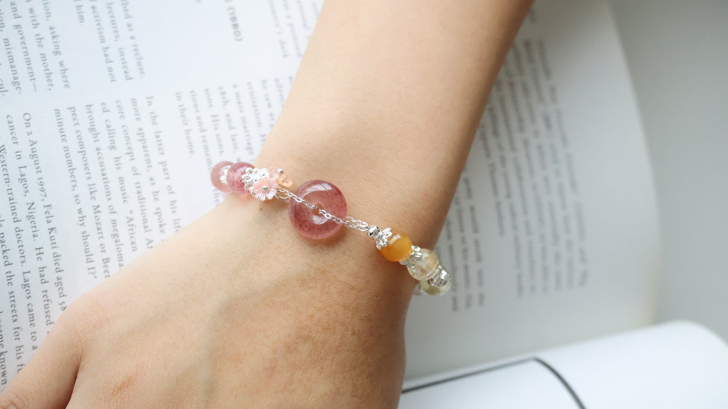 *Instocks* Strawberry Quartz Ping An Kou 平安扣 Duobao Crystal Bracelet (Elastic)