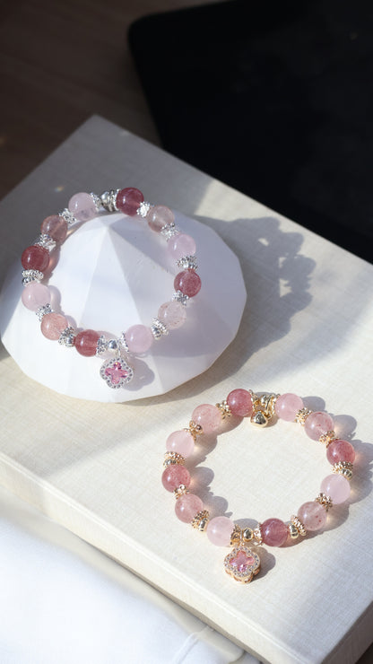 *Backorder* Cordelia Twin - Strawberry Quartz & Rose Quartz with Sparkly Pink Clover Crystal Bracelet (Elastic)