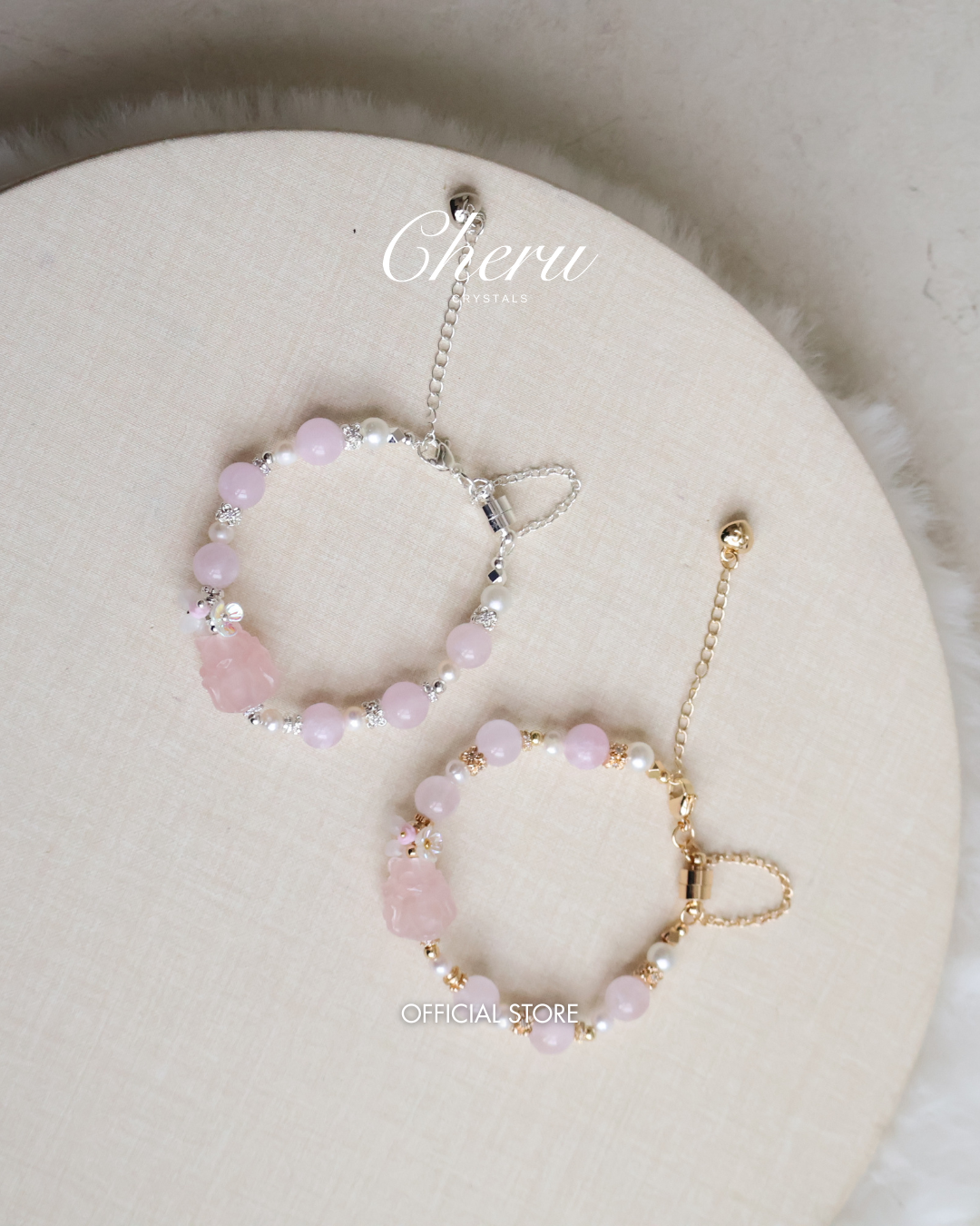 Freshwater Pearl, Snow Garden Rose Quartz, Rose Quartz with Nine-tail Fox Carving – Kyubi Blossom | 8mm (Elastic, Magnetic Opening)