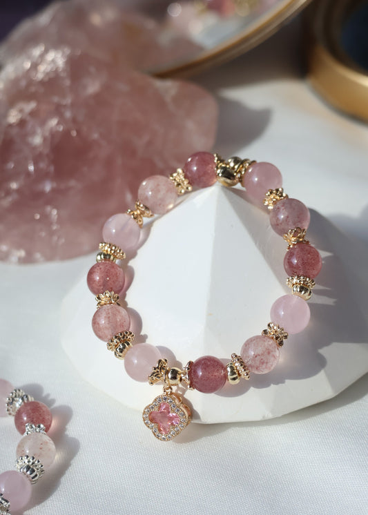 *Backorder* Cordelia Twin - Strawberry Quartz & Rose Quartz with Sparkly Pink Clover Crystal Bracelet (Elastic)