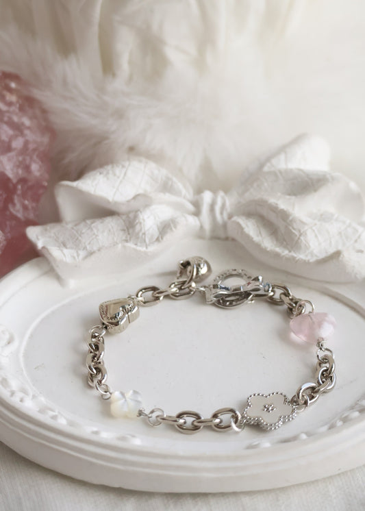 *Backorder* Celine - Chain with Snow Garden Rose Quartz Heart, MOP Clover & Flower Crystal Bracelet (OT Clasp) 2.0