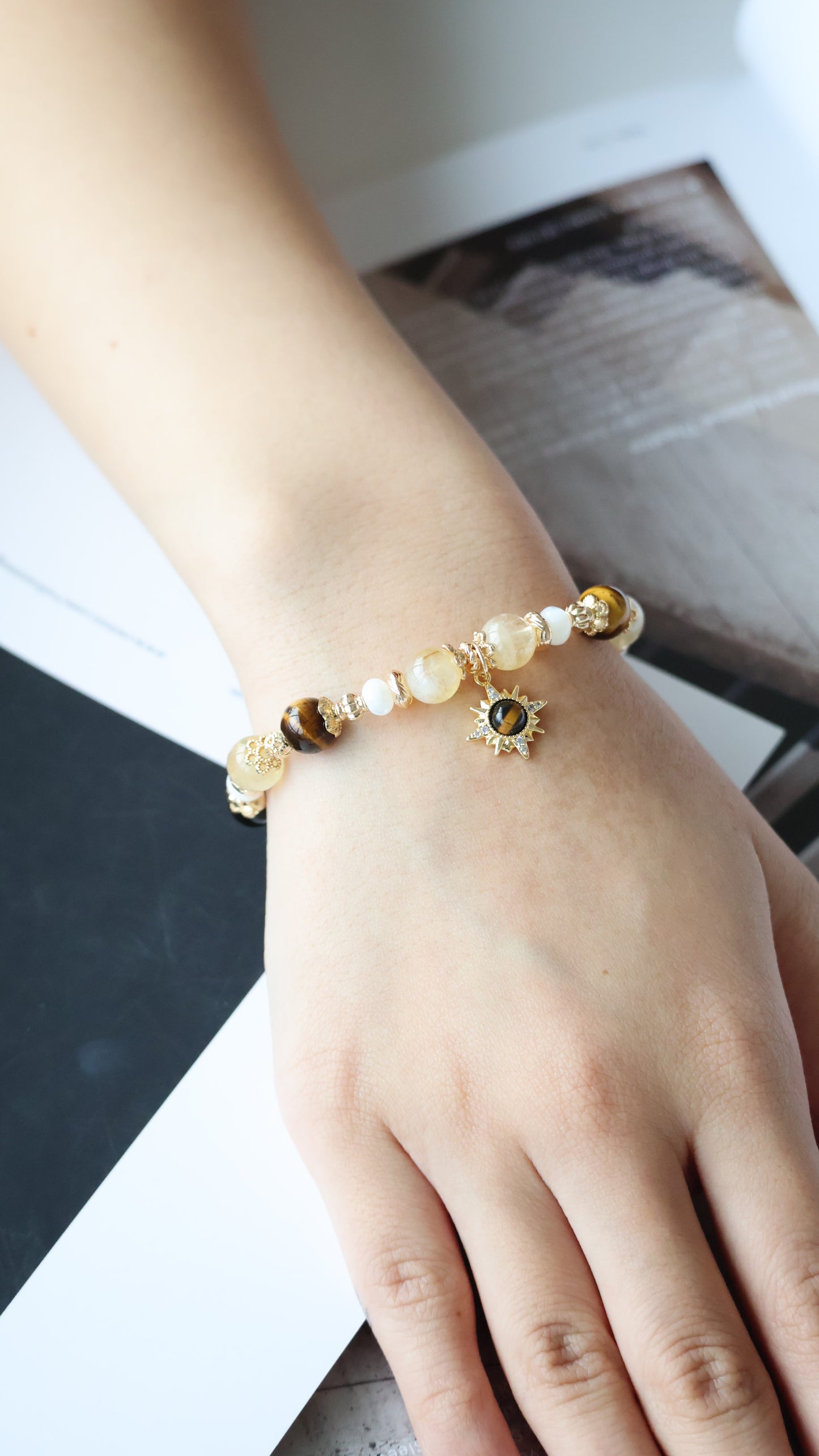 *Backorder* Eye of the Tiger - Azeztulite Citrine, Tiger's Eye & White Conch Rondelles Crystal Bracelet (Elastic)