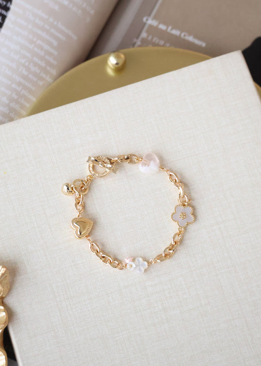 *Instocks* Celine - Chain with Snow Garden Rose Quartz Heart, MOP Clover & MOP Flower Crystal Bracelet (OT Clasp)
