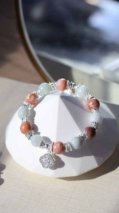 *Backorder* Cordelia Twin - Green Jadeite & Flower Agate with Sparkly Clover Crystal Bracelet (Elastic)