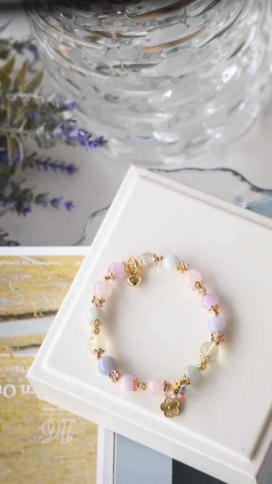 *Backorder* Duobao 多宝 Bouquet - Green Jadeite, Blue Lace Agate, Kunzite, Rose Quartz & Lemon Quartz with Laser Flower Crystal Bracelet (Elastic)