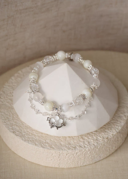 *Backorder* Florentine - Clear Quartz, White Conch & Satin Spar with Danglys and Flower Crystal Bracelet (Elastic)