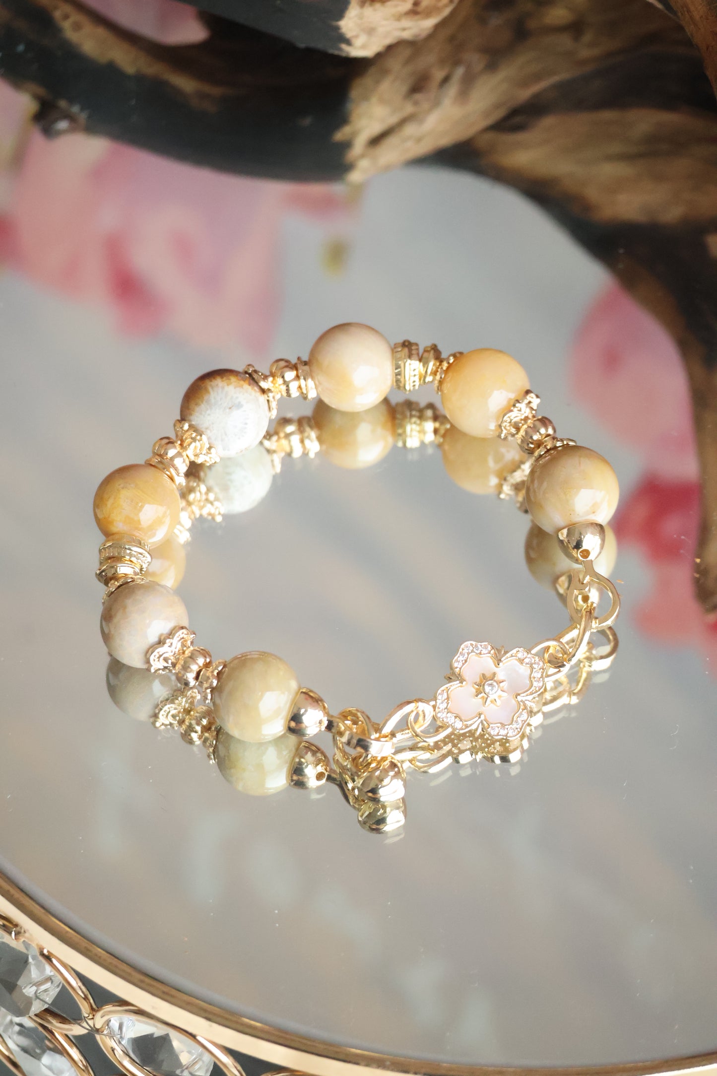 *Instocks* Fossilised Coral Jade with Clover Charm Crystal Bracelet (Elastic)