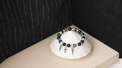 *Backorder* Grunge - Grey Tiger's Eye & Black Tourmaline with Spikes & Cross Crystal Bracelet (Elastic)