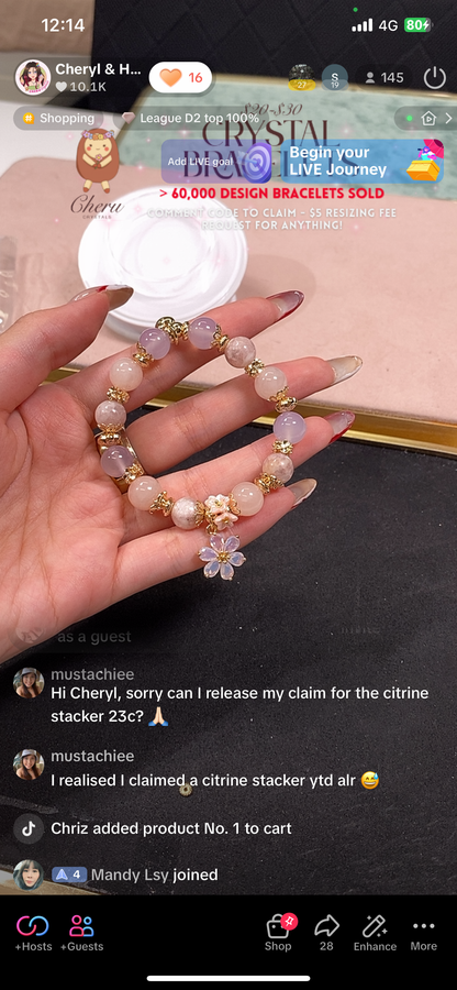 *Instocks* Pink Purple Emerald Mica, Lilac Chalcedony & Rose Quartz with Pink Flower & Mini Flower Bouquet Crystal Bracelet (Elastic)