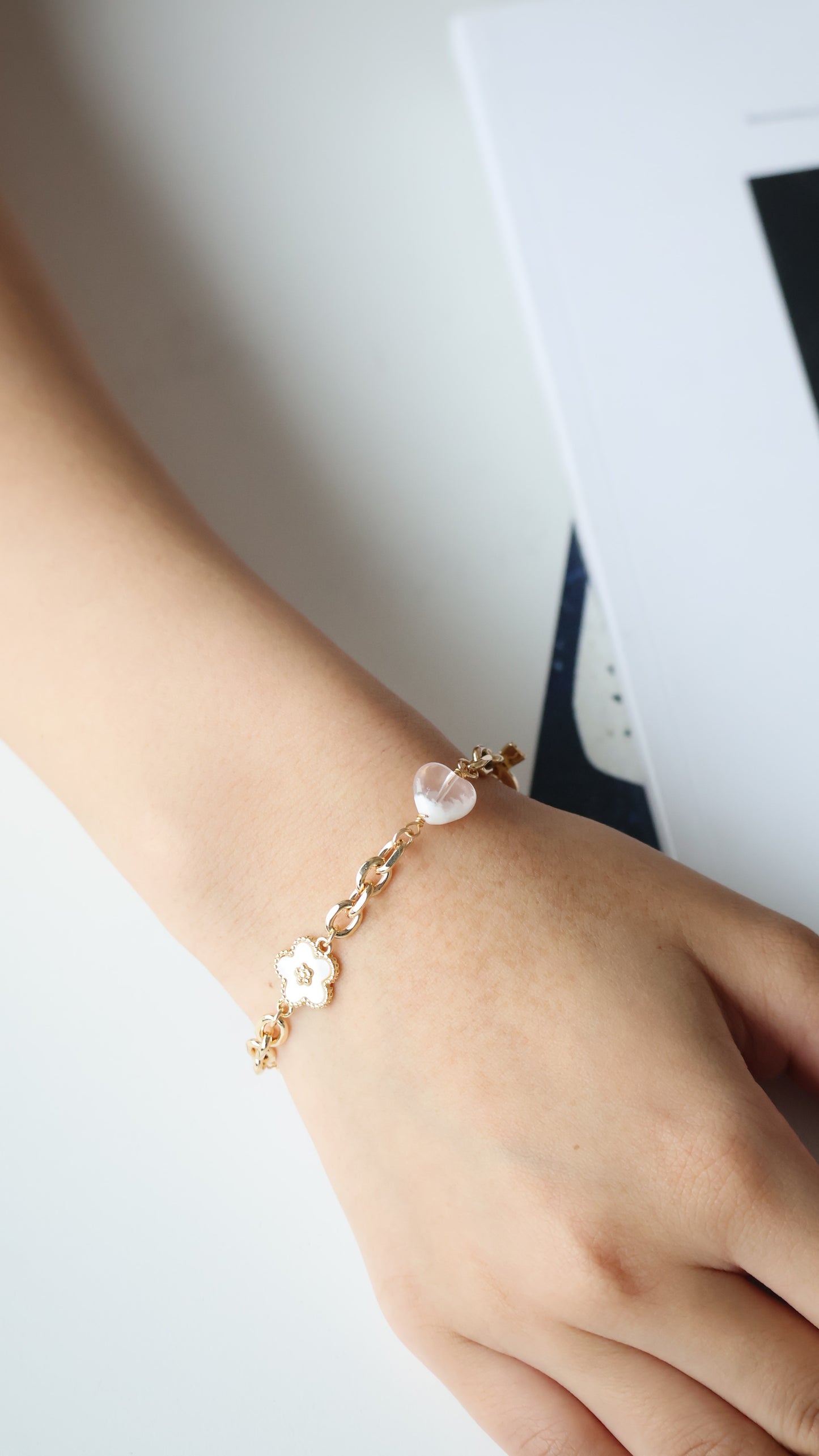 *Instocks* Celine - Chain with Snow Garden Rose Quartz Heart, MOP Clover & MOP Flower Crystal Bracelet (OT Clasp)