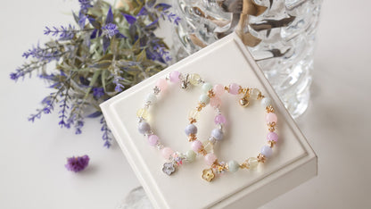 *Backorder* Duobao 多宝 Bouquet - Green Jadeite, Blue Lace Agate, Kunzite, Rose Quartz & Lemon Quartz with Laser Flower Crystal Bracelet (Elastic)