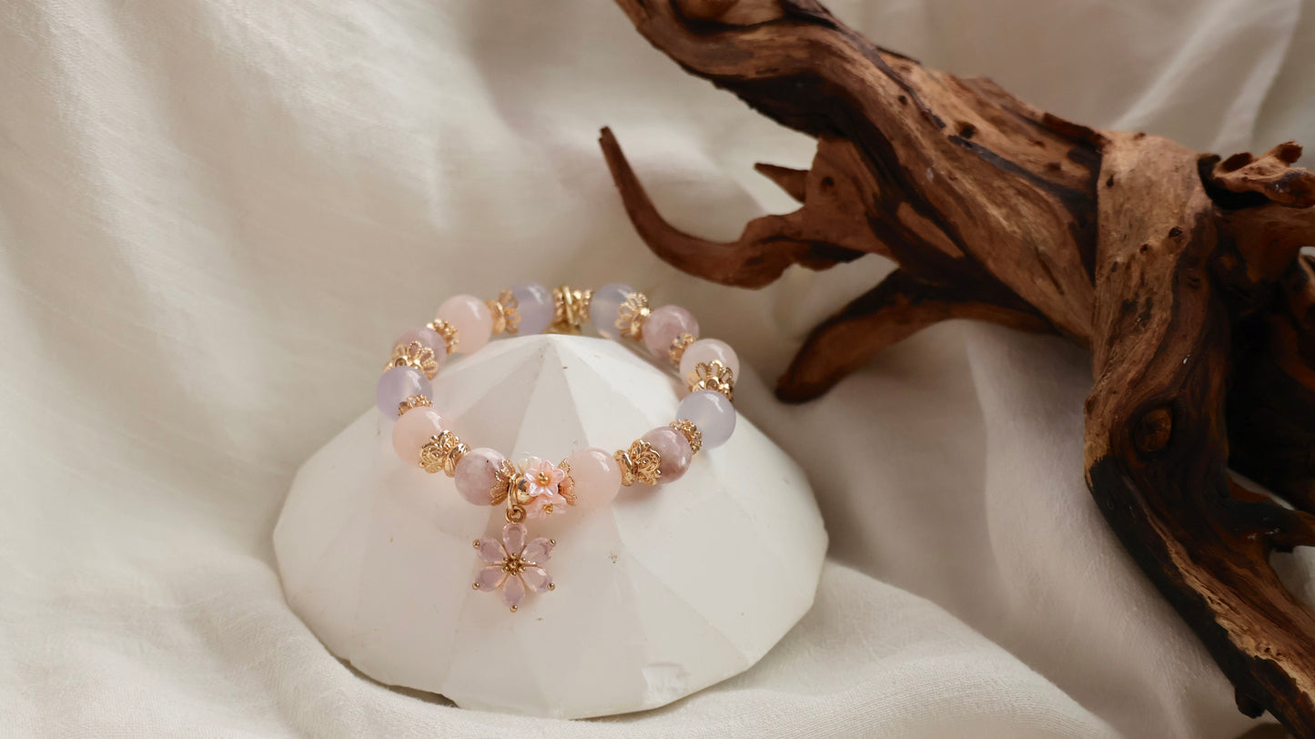 *Instocks* Pink Purple Emerald Mica, Lilac Chalcedony & Rose Quartz with Pink Flower & Mini Flower Bouquet Crystal Bracelet (Elastic)