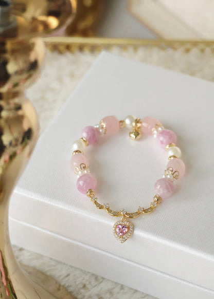 *Instocks* Pink Purple Emerald Mica & Rose Quartz Drum Beads with Princessy Pink Heart Bangle Crystal Bracelet (Elastic)