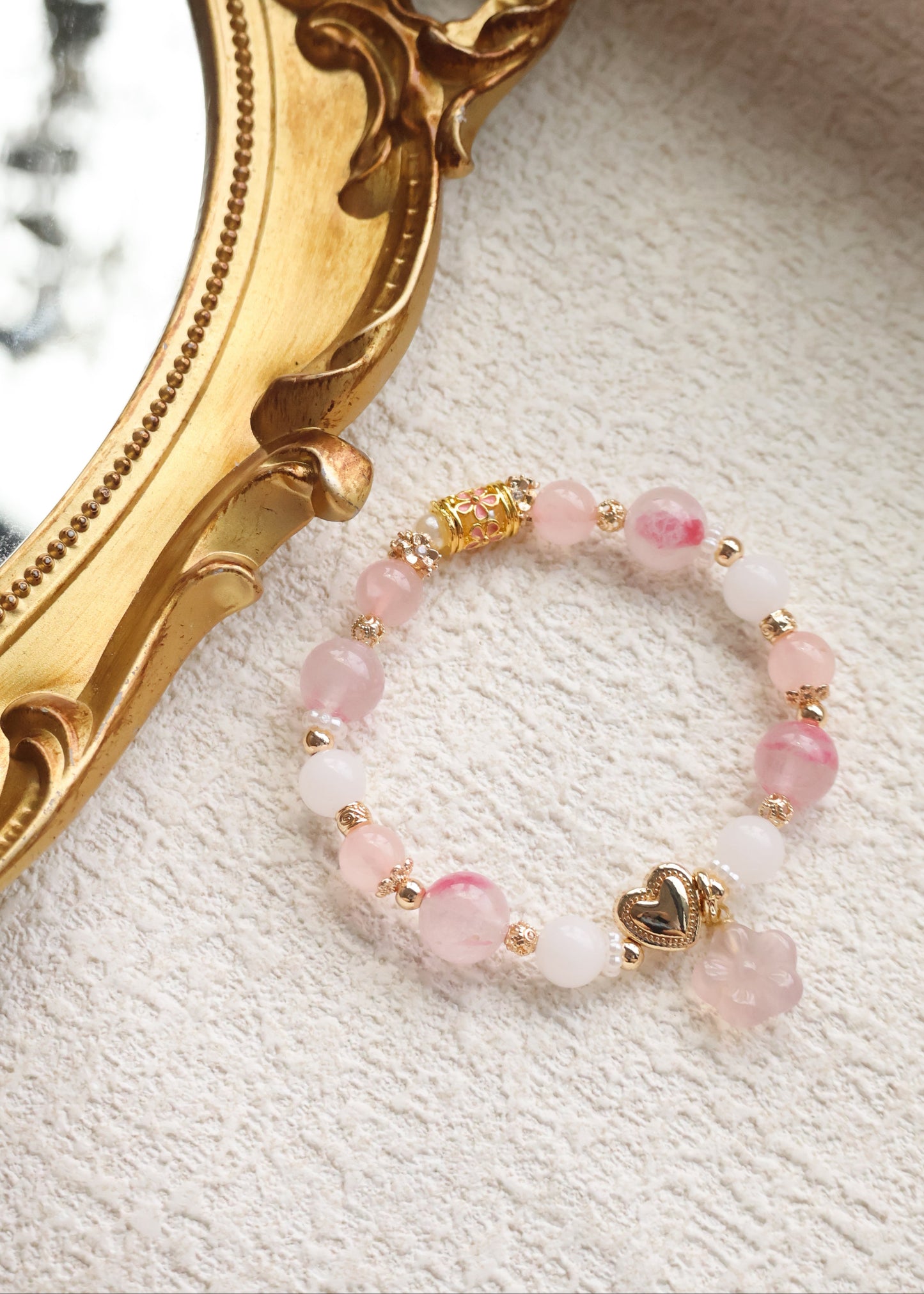 *Instocks* White Jadeite, Sakura Rhodonite & Rose Quartz with Heart & Floral Barrel and Pink Chalcedony Sakura Flower Crystal Bracelet (Elastic)