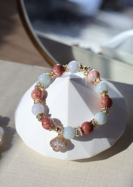 *Backorder* Cordelia Twin - Green Jadeite & Flower Agate with Sparkly Clover Crystal Bracelet (Elastic)
