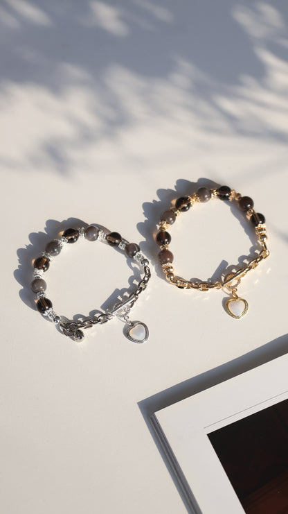 *Instocks* Smoky Quartz and Black Gold Skeletal Sunstone with Chain & OT Clasp with MOP Heart Crystal Bracelet (Elastic)